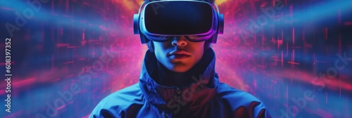 Digital cyber world. Metaverse technology, man with virtual reality VR goggle. futuristic metaverse. Generative AI