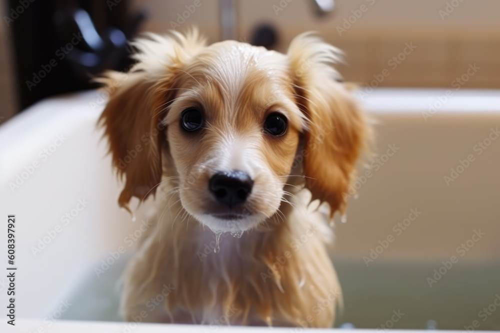 Cute puppy dog in bathtub , pets cleaning. AI