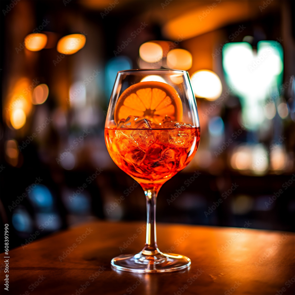 aperol spritz drink with ice and orange slice on a table in a bar, ai generated