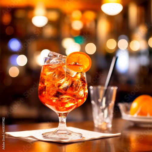 aperol spritz drink with ice and orange slice on a table in a bar, ai generated