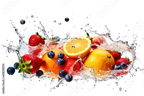 stock photo of water splash with various fruits fall isolated Food Photography