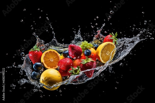 stock photo of water splash with various fruits fall isolated Food Photography