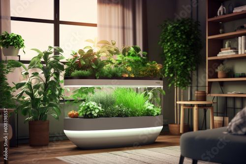 Smart indoor garden system. Growing your own herbs and greenery in apartment. Close-up. Generative Ai content
