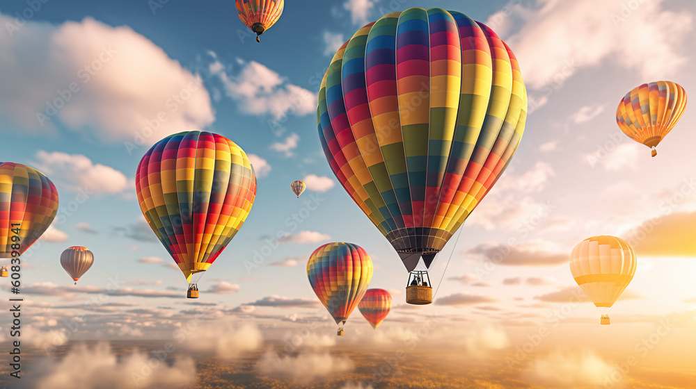 Fototapeta premium A group of hot air balloons flying in the sky. Generative AI.