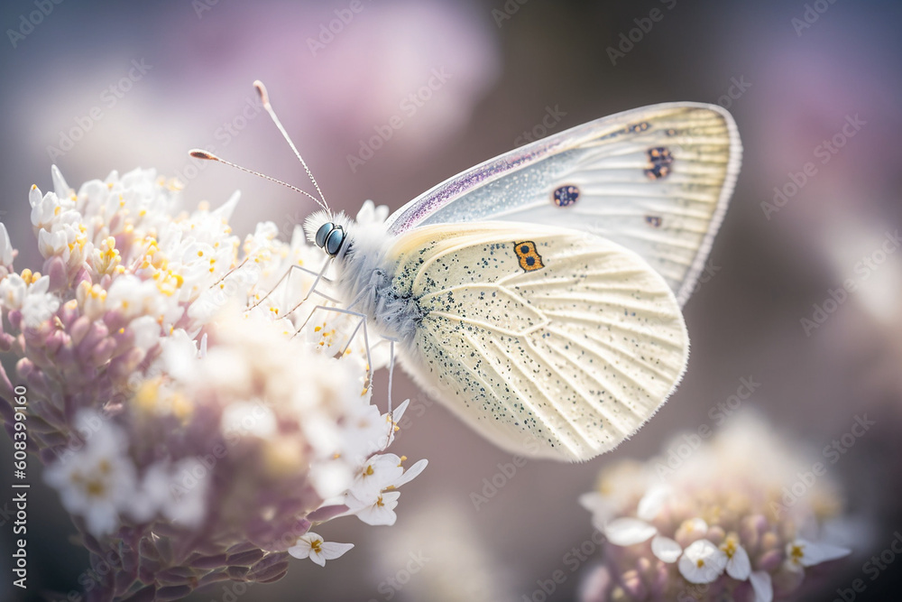 Naklejka premium Schöner weißer Schmetterling auf einer Blumenblüte im Frühling Sommer, ai generativ