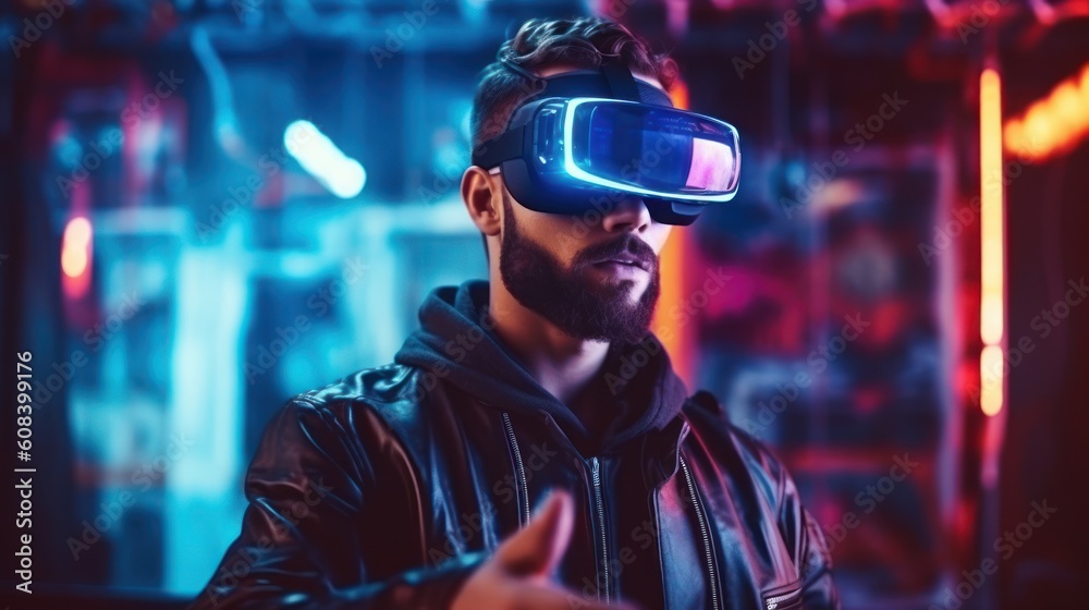 Digital cyber world. Metaverse technology, man with virtual reality VR goggle. futuristic metaverse. Generative AI Digital cyber world. Metaverse technology, man with virtual reality VR goggle. futuristic metaverse. Generative AI