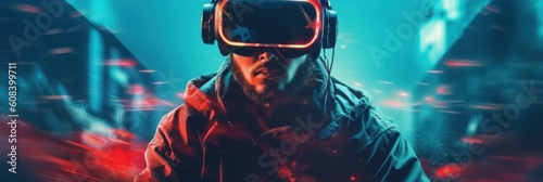 Digital cyber world. Metaverse technology, man with virtual reality VR goggle. futuristic metaverse. Generative AI © nadunprabodana