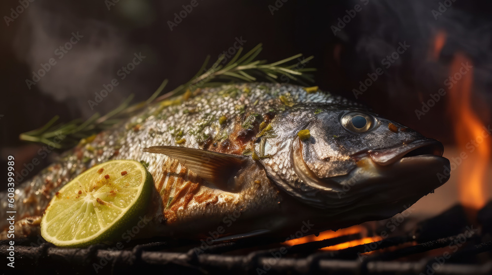 Grilled Dorada fish, sea bream with the addition of spices, herbs and lemon on the grill plate, top view Generative AI