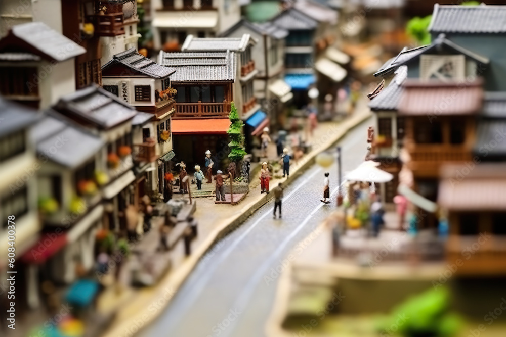 A toy town with people walking down the street. Generative AI. A toy town with people walking down the street. Generative AI.