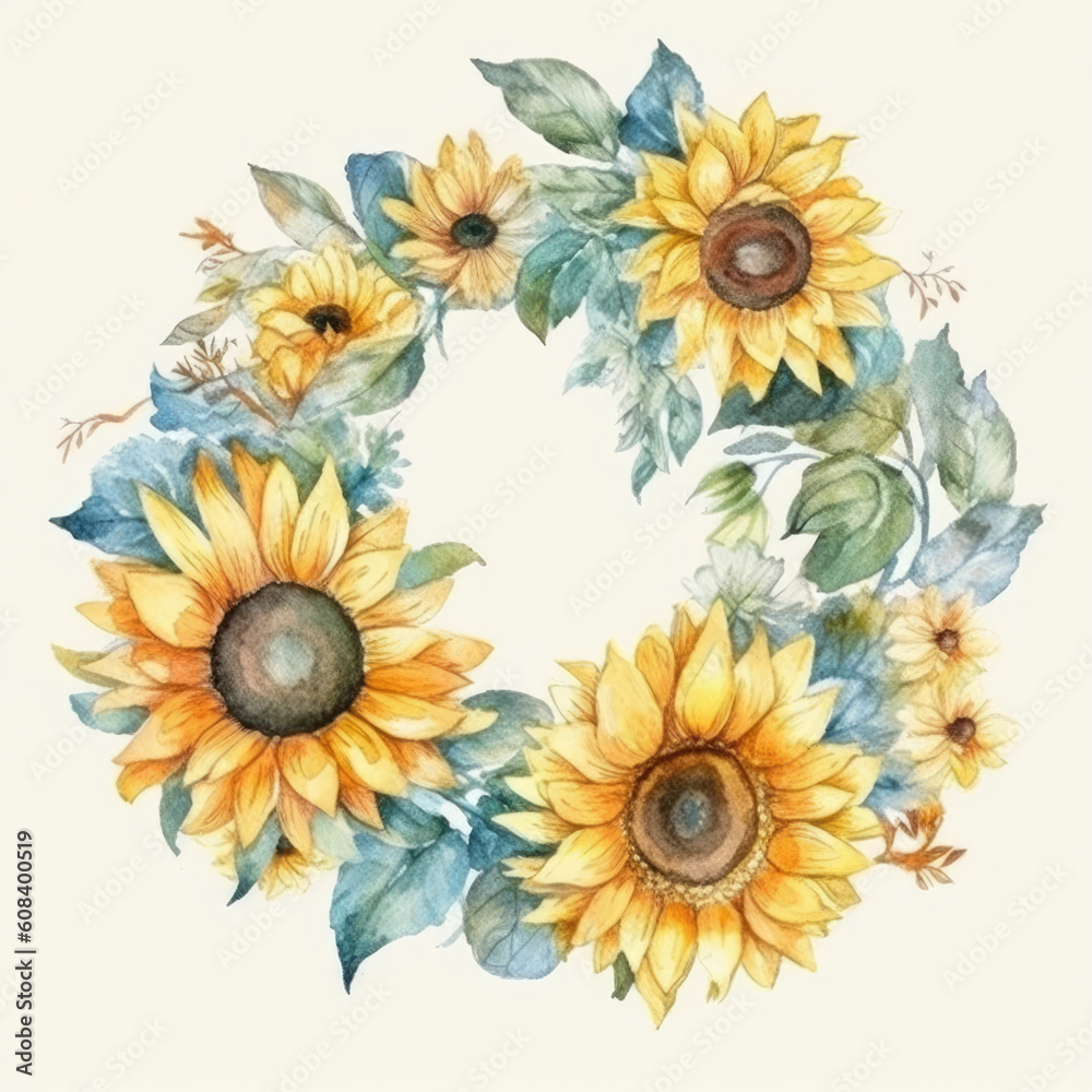 Sunflowers Wreath. Watercolor Round Floral Frame isolated on white background. Generative ai illustration