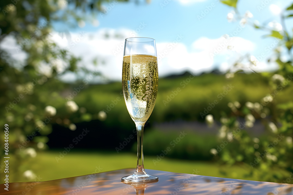 Champagne glass on table view of green nature Champagne glass on table view of green nature