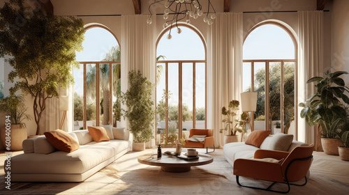 A Mediterranean-inspired living room with large windows offering views of a beautiful garden