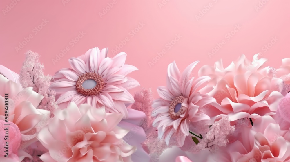 Pink and soft colors flowers abstract background with copy space. Generative AI.