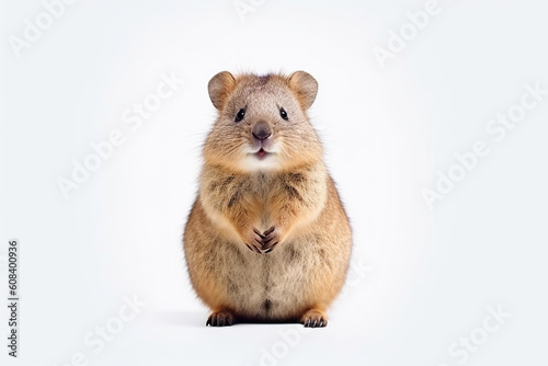 A friendly quokka sitting on its hind legs on white background. Generative AI.