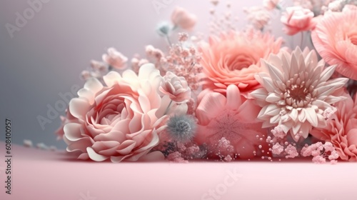 Pink and soft colors flowers abstract background with copy space. Generative AI.