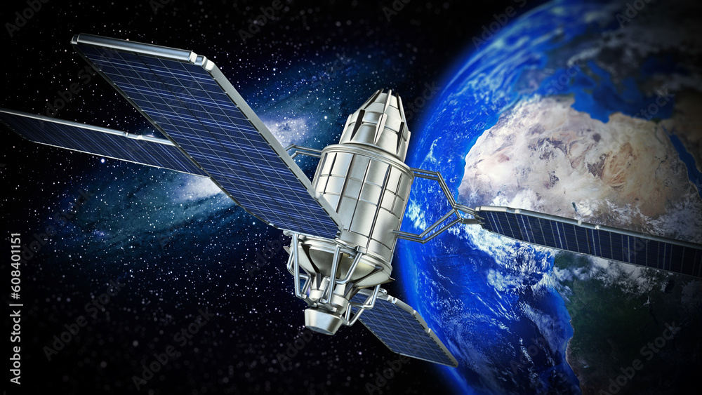 Obraz premium Communication satellite in Earth's orbit. 3D illustration