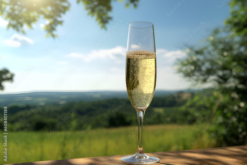 Champagne glass on table view of greenery and nature Champagne glass on table view of greenery and nature