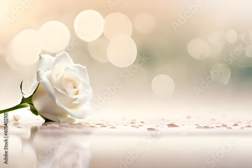 A white rose flower with soft white blur background and backdrop with copy space for text, good for product presentation and commercial or romantic couple greeting or banner. Generative AI technology.