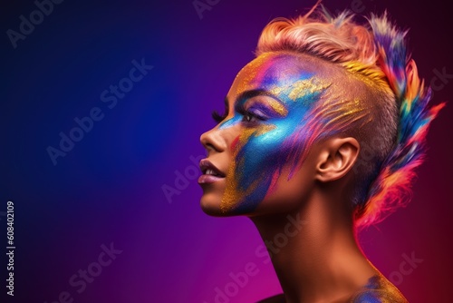 Side view profile portrait of girl with creative art make-up for Pride. Bright LGBT make-up and rainbow hair. Generative AI