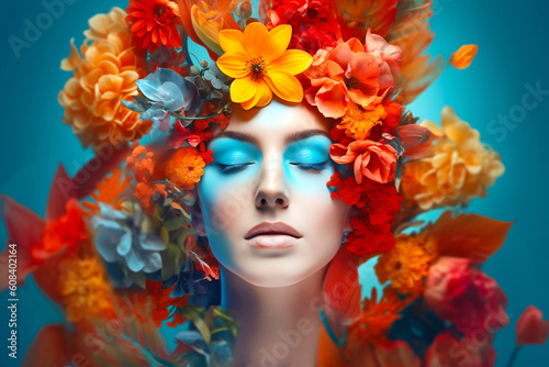 Surreal abstract woman portrait with flowers over head. Bright summer colors. Concept of environmental friendliness and naturalness of cosmetic products. Generative Ai content