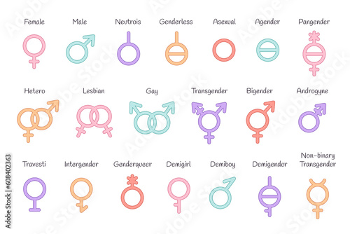 Set of gender symbols. LGBTQ community. Gay, lesbian, transgender, non-binary. Vector illustration in flat style