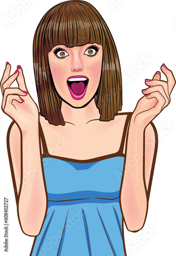 Pretty woman short hair wondering shocked, surprised happy Pop Art Comic Style