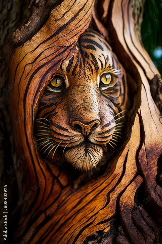 Naklejka premium Captivating divine tiger face artfully carved into a magical tree trunk, evoking emotions as if the tree bears life and vivid expression. License this unique gem! Generative AI