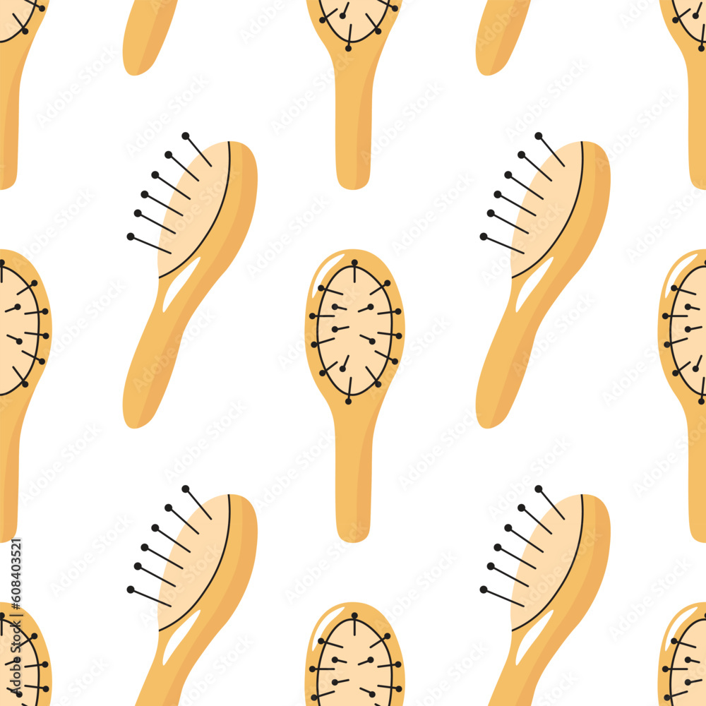 Wooden cartoon hairbrush seamless pattern. Doodle comb illustration for hair care shop. Wooden cartoon hairbrush seamless pattern. Doodle comb illustration for hair care shop.