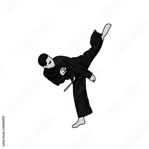 black and white sketch of person doing martial arts exercises