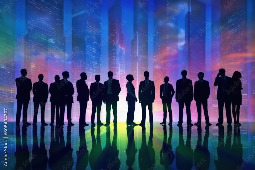 Silhouette of a group of business people outlines with a lit background. Generative AI Silhouette of a group of business people outlines with a lit background. Generative AI