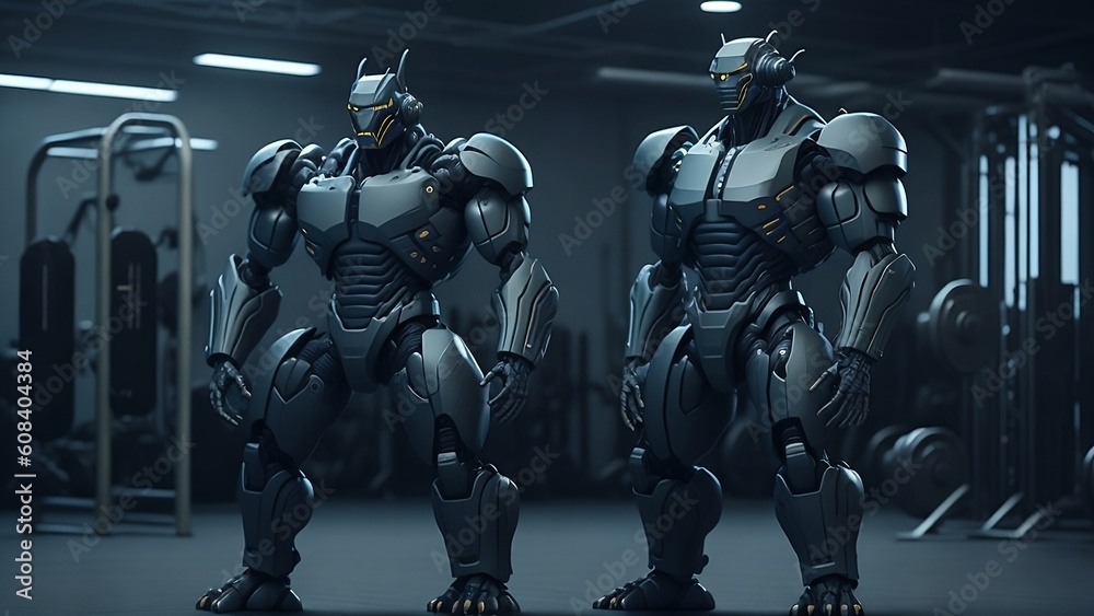 Robots standing in the gym in front of the machines Robots standing in the gym in front of the machines