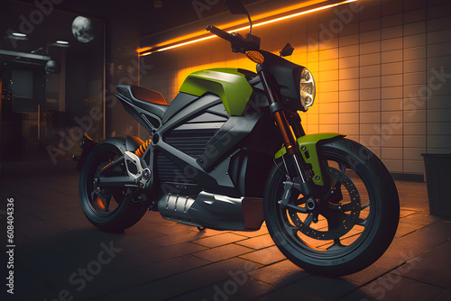 Green modern high-speed motorcycle on charge in a garage in neon light. Generative AI
