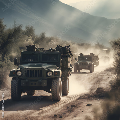 A military vehicle convoy on a rugged terrain, Generative AI, Generativ, KI