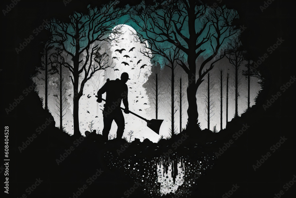Captivating silhouette of a man digging a hole with a shovel in a dark ...