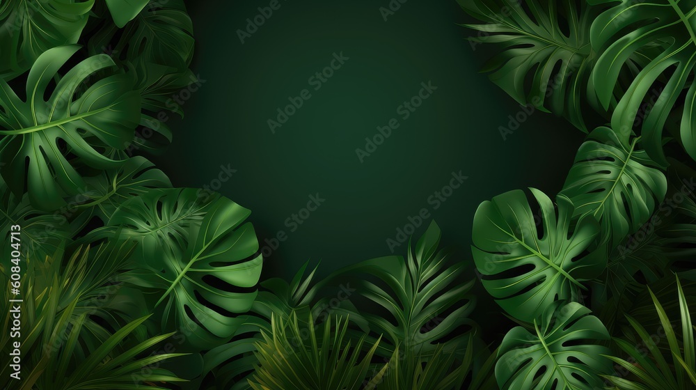 Tropical green leaf. Layout of the banner for text field. Isolated on a white background. concept of relaxation and travel. generative ai