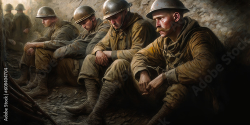 Trench warfare image: soldiers in mud, skillful blur and shadows showing war's struggle and emotions. License this powerful photo now! Generative AI