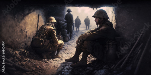 Captivating trench scene: Soldiers crouched in mud, emotion evoked through skillful use of blur and shadows to depict war's suffering and harsh conditions. Generative AI photo
