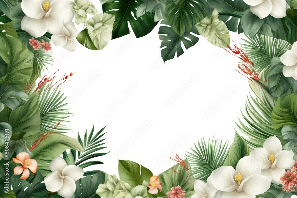 Tropical green leaf. Layout of the banner for text field. Isolated on a white background. concept of relaxation and travel. generative ai Tropical green leaf. Layout of the banner for text field. Isolated on a white background. concept of relaxation and travel. generative ai