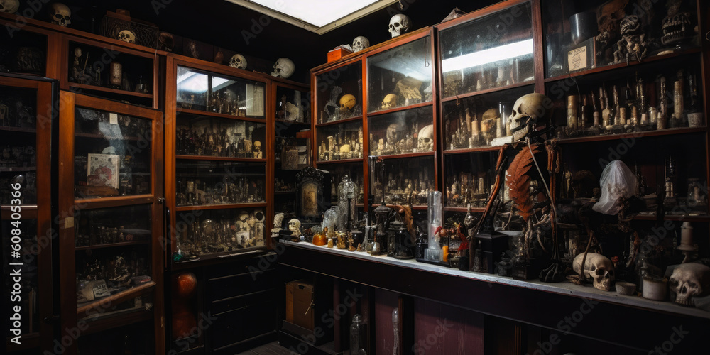 Captivating image of a mysterious curiosities museum featuring intriguing shelves, aged books, preserved specimens in jars, and taxidermy animals. Evoke emotion and wonder. Generative AI