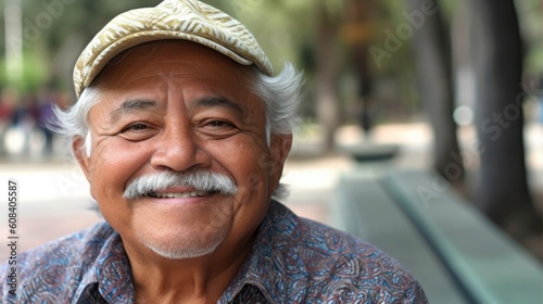 Smiling hispanic senior man looking at the camera. Generative AI  © Adriana