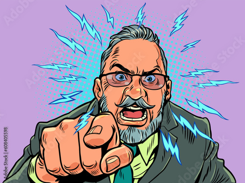Bad company management. Report employees. Customer dissatisfaction. An adult man in glasses screams and waits. Pop Art Retro