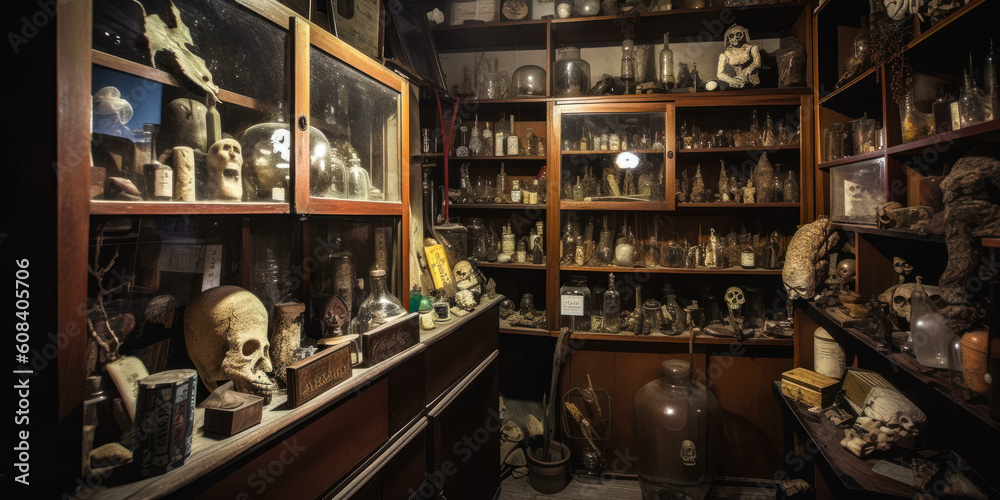 Enthralling museum scene evoking deep emotions, featuring eerie shelves, jars with specimens, vintage books, peculiar objects and taxidermy animals.  max. Generative AI
