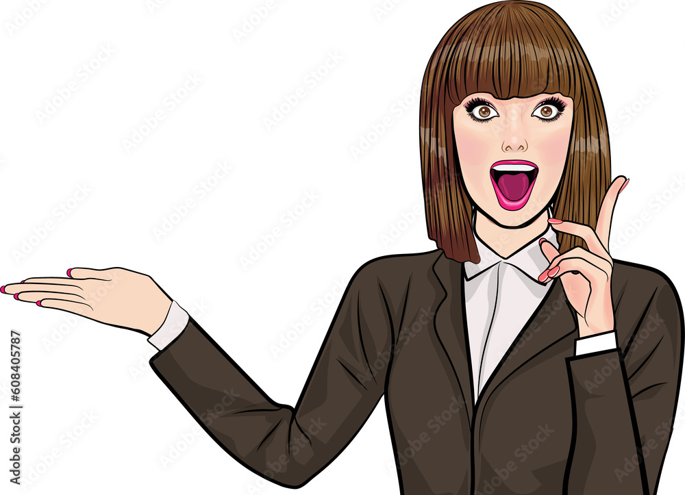 Pretty woman short hair wondering shocked, surprised happy Pop Art Comic Style Pretty woman short hair wondering shocked, surprised happy Pop Art Comic Style