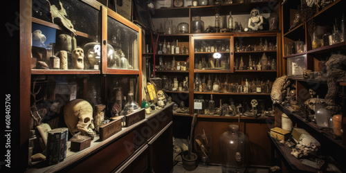 Enthralling museum scene evoking deep emotions, featuring eerie shelves, jars with specimens, vintage books, peculiar objects and taxidermy animals. max. Generative AI