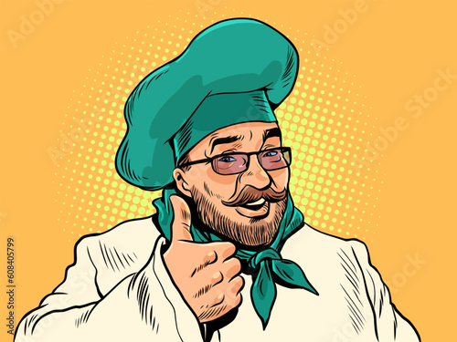 Chefs recommendation. Logo for a restaurant. A man with a beard and glasses in the form of a cook shows a thumbs up. Pop Art Retro