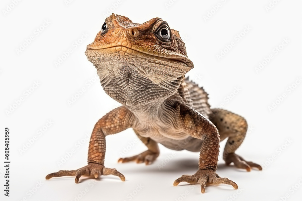 A close up of a lizard on a white background. Generative AI.