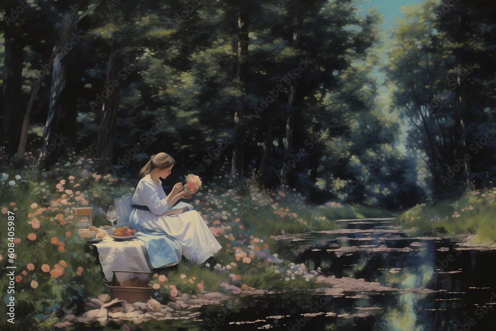 Nestled within a serene meadow, a halcyon brook flows gently, creating a peaceful ambiance for a delightful picnic - Abstract Style (Generative AI)