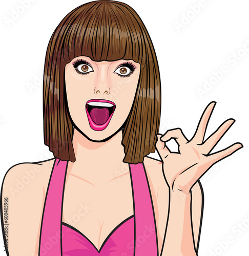 Pretty woman short hair wondering shocked, surprised happy Pop Art Comic Style