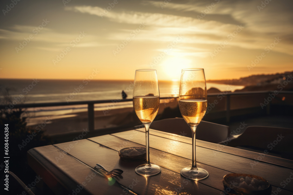 Toast to the good life with a glass of champagne at sunset, capturing the essence of celebration and joy. AI Generative.