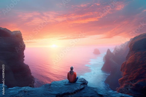 Tiny human figure meditates on the edge of a cliff, surrounded by an amazing sunset over sea with pink light over landscape. Generative AI.